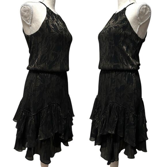 Halston Heritage Black Metallic Gold Halter Dress Womens XS Ruffle Hem Cocktail - Picture 2 of 9